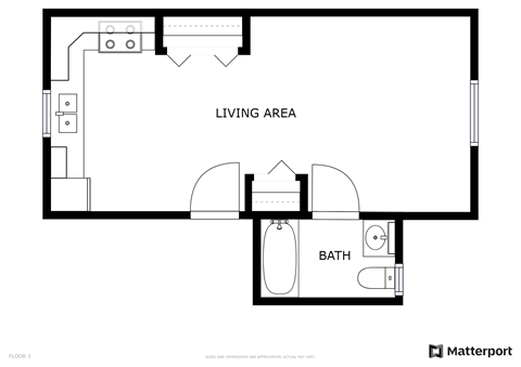 Floor plan for studio, 1 bath, 390 sqft